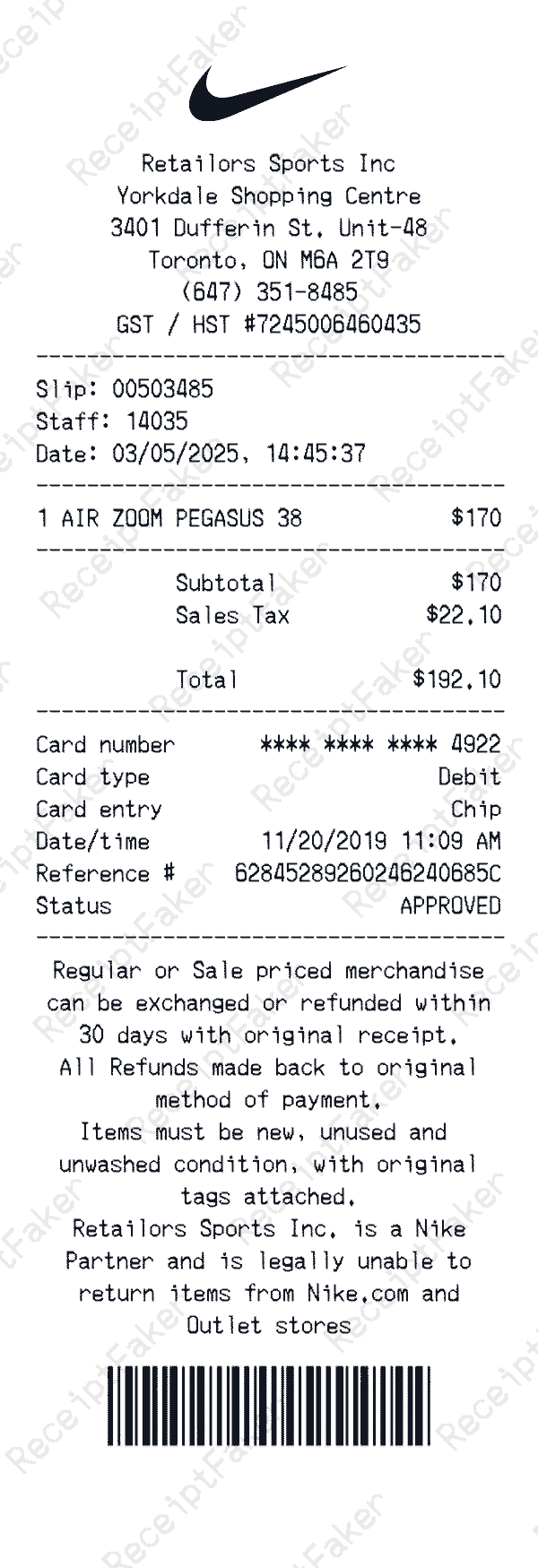 Nike Shoes Receipt generated receipt preview